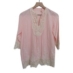 Valerie Khalfon Women Sz 36 Pink Cream Grimaldi Embroidered Tunic Blouse Lace